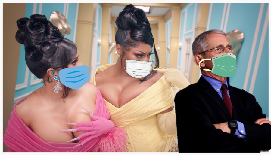 Fauci with the WAP girls on the set of the WAP music video, shunning those too cowardly to put their mask over their noses.
